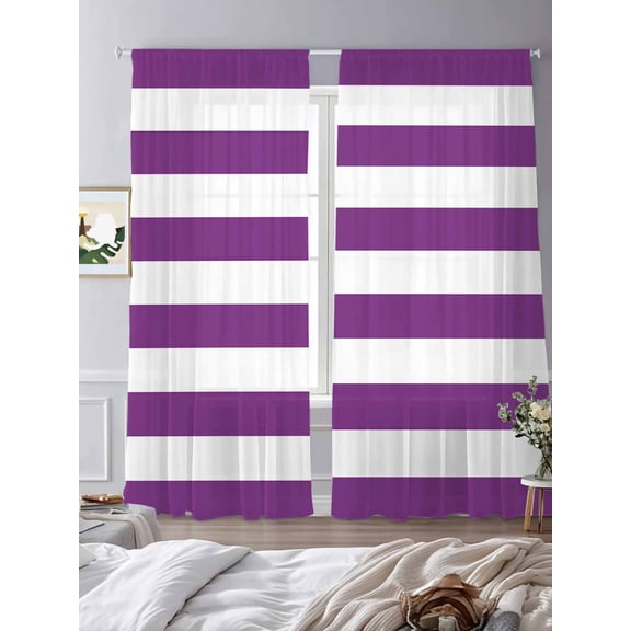 Purple and White Stripes Pattern Sheer Curtains 2 Panels Set Modern Horizontal Stripes Lihgt Filtering Rod Pocket Voile Drape,Semi Sheer Window Curtains for Bedroom Living Room,52"x84"