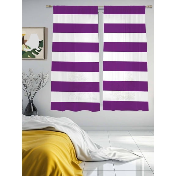 Purple and White Stripes Pattern Sheer Curtains 2 Panels Set Modern Horizontal Stripes Lihgt Filtering Rod Pocket Voile Drape,Semi Sheer Window Curtains for Bedroom Living Room,52"x63"
