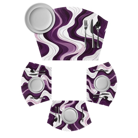 Purple White Stripes Round Table Placemats Set of 2 Wedge Placemats, Modern Art Geometric Abstract Place Mats for Dining Table Set Washable Mats Kitchen Decor for Indoor Outdoor Wipe Clean