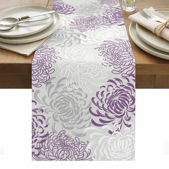 Purple White Table Runner - 120 Inch Long, Kitchen Dining Table Runner Dresser Scarves, Abstract Grey Chrysanthemum Flower Floral Farmhouse Decor for Coffee Tables Wedding Party Banquet