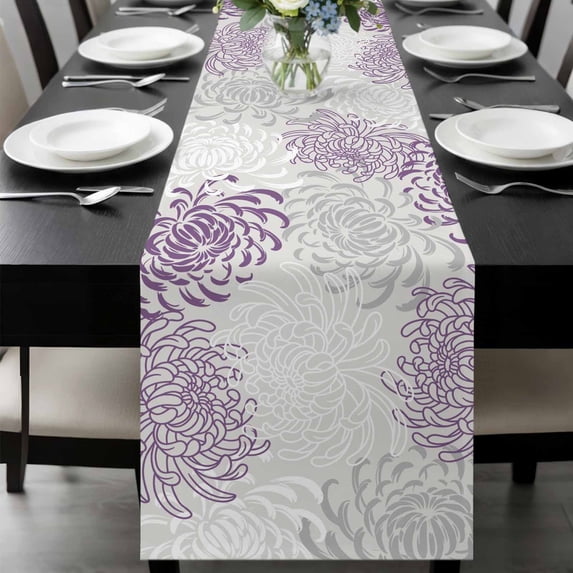 Purple White Table Runner 72 Inches Long, Abstract Grey Chrysanthemum Flower Floral Kitchen Coffee Dining Table Decoration for Home Party Birthday Wedding Home Decor 16x72 Inches