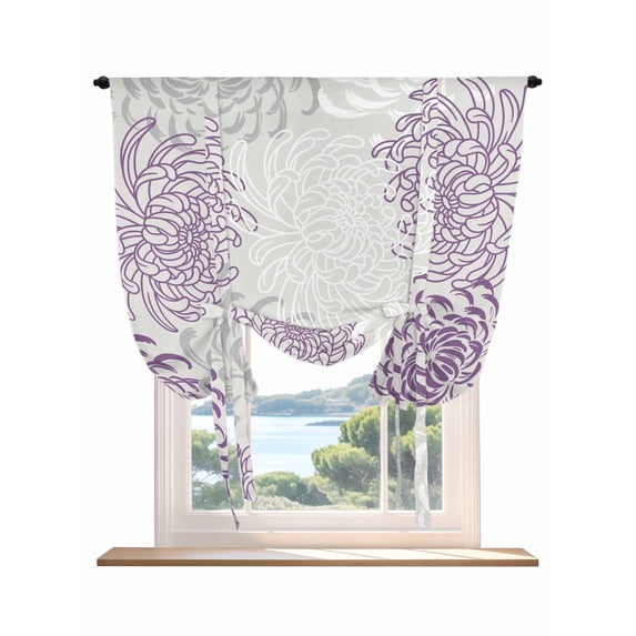 Purple White Tie Up Curtains for Windows 63 Inch Length Balloon Curtains Kitchen Adjustable Balloon Window Shade Abstract Grey Chrysanthemum Flower Floral Tie Up Bathroom Curtain Window 52"x63"
