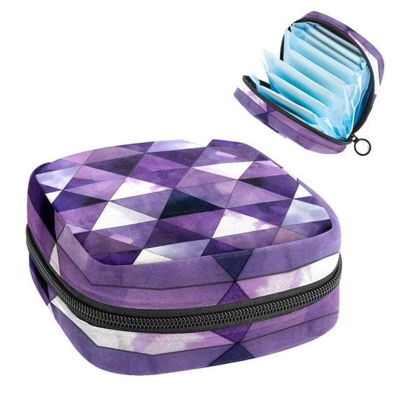 Purple White Triangle Geometric Texture Sanitary Napkin Storage Bag, Zipper Menstrual Cup Pouch Feminine Menstruation First Period Pads Holder for Girls Women Ladies