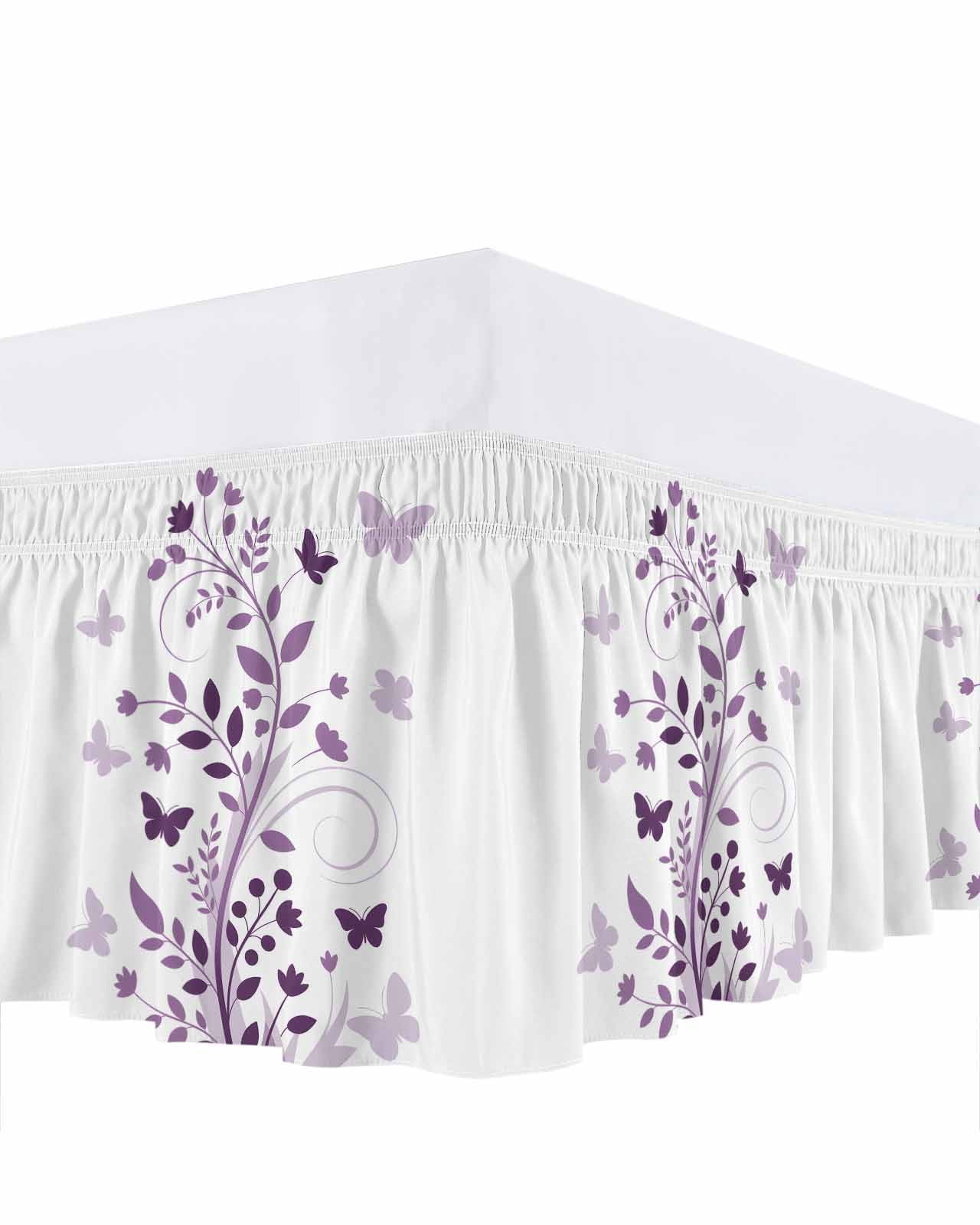 Purple WildFlower Bed Skirt King Size 16 Inch Drop, Spring Country Purple Floral Plant Butterfly Adjustable Elastic Dust Ruffles Bedskirt for King Bed Wrap Around Pleated Mattress Frame Cover
