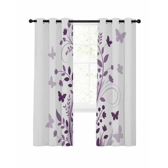 Purple WildFlower Blackout Curtains for Bedroom Living Room, Watercolor Spring Country Purple Floral Plant Butterfly 39 In Long Thermal Insulated Darkening Drapes Grommet Window Treatments 27.5x39 In