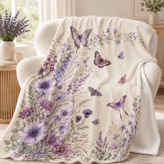 Purple Wildflower Butterfly Throw Blanket, Lavender Meadow Art with Poppies, Thistle Blooms and Eucalyptus on Cream for Sofa, Bed and Reading, 40 x 50 in