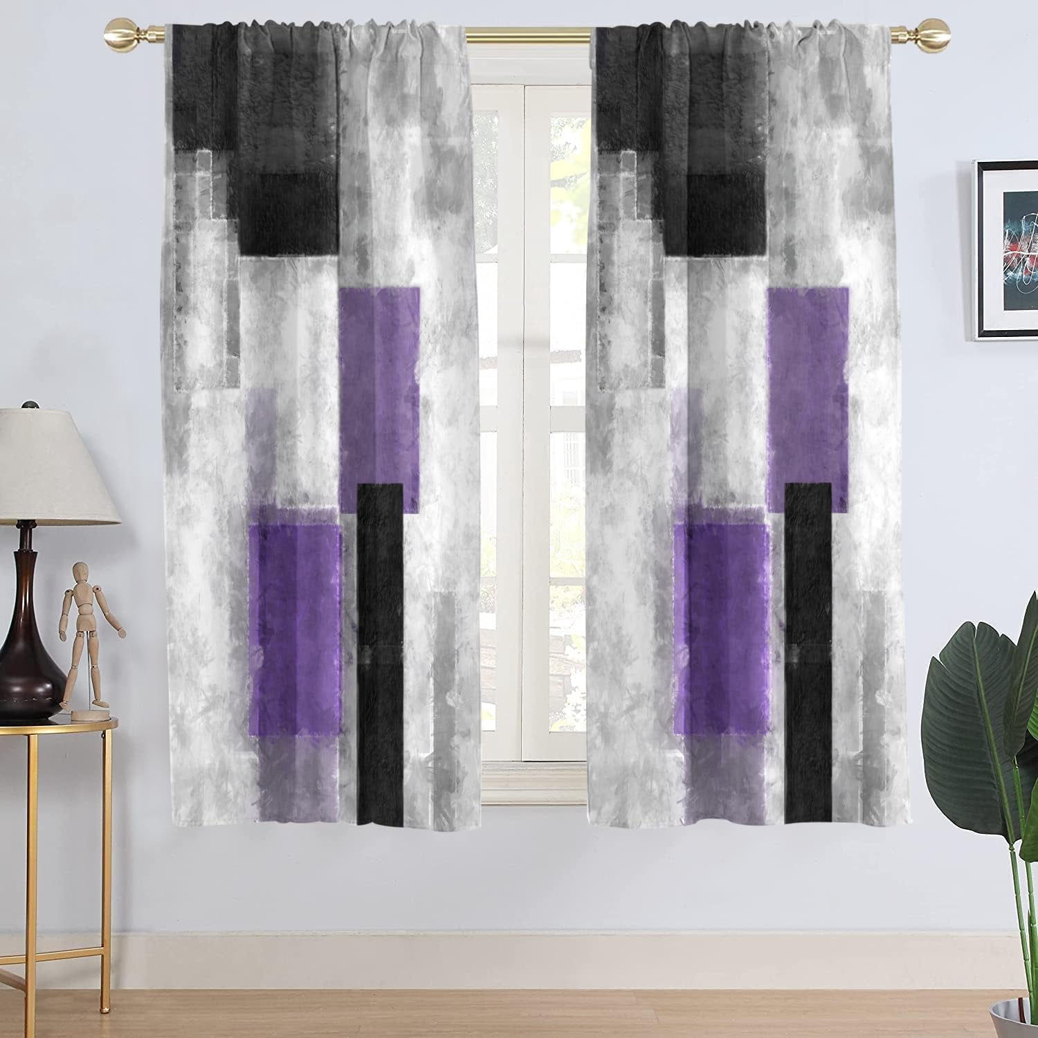 Purple Window Curtain Black and White Grey Gray Lavender Plum Modern Abstract Lilac Silver Ombre Living Room Bedroom Rod Pocket Drapes Treatment Fabric 1 Pair Home Decor, 42" W x 63" L, Dark