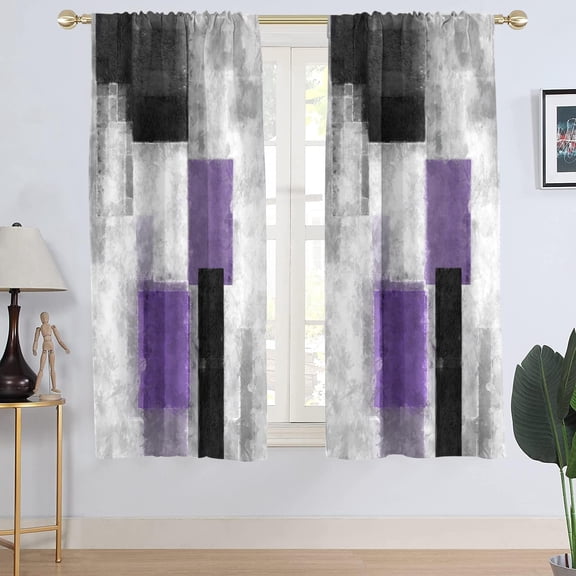 Purple Window Curtain Black and White Grey Gray Lavender Plum Modern Abstract Lilac Silver Ombre Living Room Bedroom Rod Pocket Drapes Treatment Fabric 1 Pair Home Decor, 42" W x 63" L, Dark