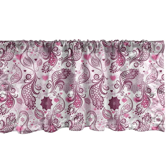 Purple Window Valance, Scales Swirls and Hearts in Romantic Depiction of Nature with Birds and Flowers, Curtain Valance for Kitchen Bedroom with Rod Pocket, 54" X 12", Mauve Plum Pink, by Ambesonne