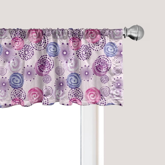 Purple Window Valance, Watercolor Style Floral Fireworks Blooming Flowers Abstract Spiral Doodle Spots Art, Curtain Valance for Kitchen Bedroom Decor with Rod Pocket, 54" X 12", Blue Pink