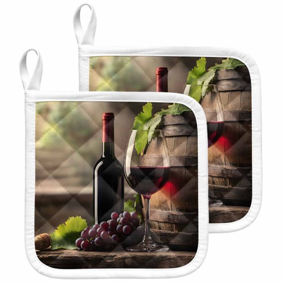 Purple Wine Pot Holders for Kitchen Heatproof Potholder, 2 Pack Farmhouse Casks Vintage Hot Pads Multipurpose Oven Pads Cloth Potholders Trivet for Cooking and Baking