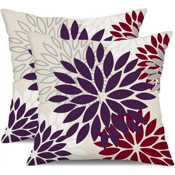 Purple Wine Red Flower Pillow Covers 16x16 Inch Set of 2 Outdoor Throw Pillows Outdoor Waterproof Decor for Living Room Sofa Patio Funiture Garden Floral Polyester Pillow Covers 002T16