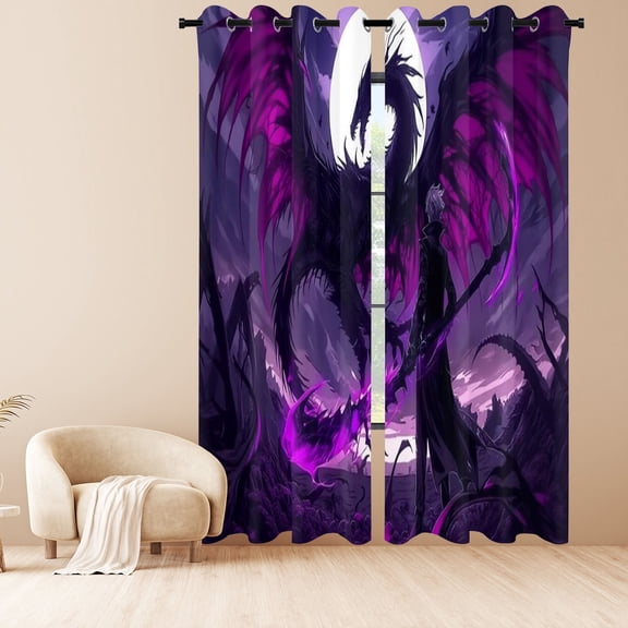 Purple Winged Dragon and Reaper Window Curtains, Fantasy Gothic Blackout Drapes 2 Panels for Bedroom Living Room