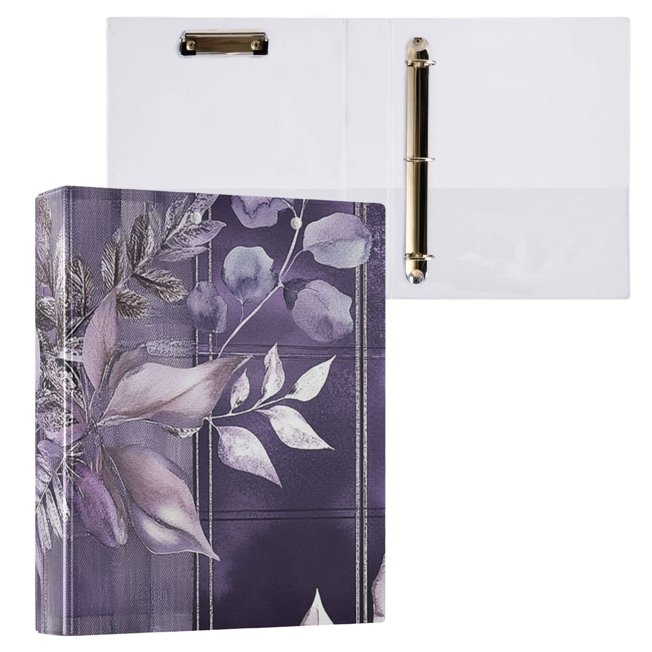 Purple Winter Leaves Branches 3 Ring Binders 1.5 inch Hardcover File Folders with Interior Pockets A4 Size Organizer for School Office Hospital