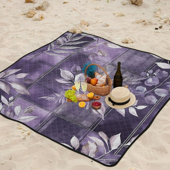 Purple Winter Leaves Branches Beach Blanket Outdoor Picnic Mat Sandproof Waterproof Foldable for Camping Travel Hiking