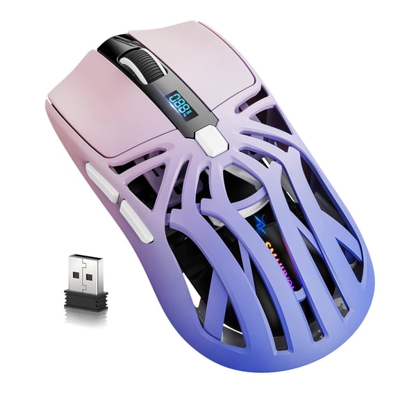 Purple Wireless Gaming Mouse, 10000 DPI, Tri-Mode 2.4GHz/Bluetooth/Wired, 6 Buttons with Digital Display, Silent Click, Rechargeable, Customizable Macro & RGB Backlight for PC/Mac/Laptop