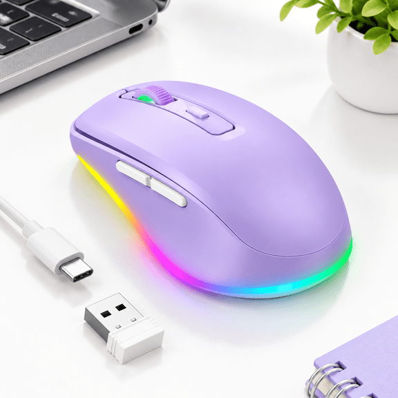 Purple Wireless LED Mouse with Built-In Mover Rechargeable 2-in-1 Device for Laptops
