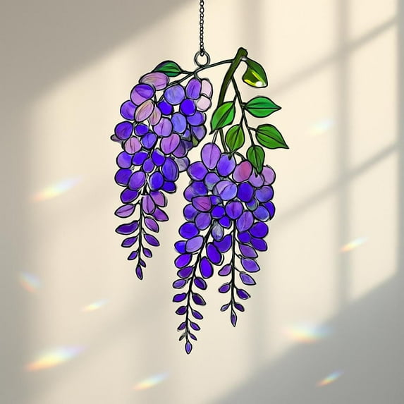 Purple Wisteria Acrylic Suncatcher, Flower Stained Glass Decor, Spring Floral Window Hanging, Garden Flower Gift, Wisteria Ornament