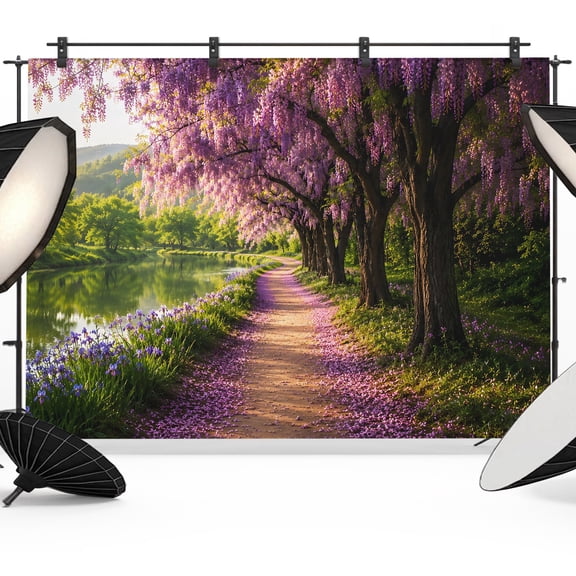 Purple Wisteria Blooms Backdrops for Photography, Spring Lavender Path Romantic Fabric Photo Background Sturdy Studio Props for Photo Studio, Video Recording, Booth & Photoshoot 7x5ft