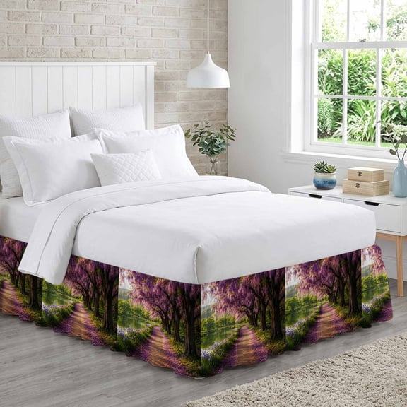Purple Wisteria Blooms Bed Skirt Queen Size 18 Inch Drop, Spring Lavender Path Romantic Adjustable Elastic Dust Ruffles Bedskirt for Queen Bed Wrap Around Pleated Mattress Frame Cover