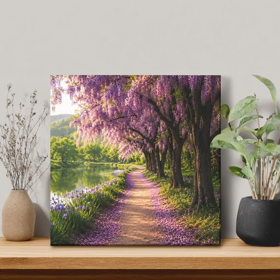 Purple Wisteria Blooms Framed Canvas Wall Art, Spring Lavender Path Romantic Wall Art Painting for Living Room Bedroom Home Decor, 16”x16”, Office Artwork Print
