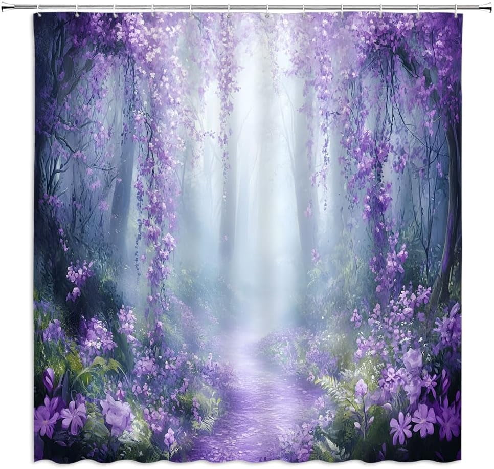 Purple Wisteria Flower Shower Curtain Forest Weeping Lilac Ivy Blurred Background Vine Fantasy Pansy Mauve Floral Jungle Garden Polyester Fabric Bathroom Curtain Sets Hooks-72"W x 72"L (Pack of 1)