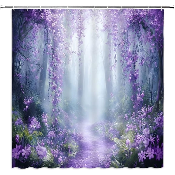 Purple Wisteria Flower Shower Curtain Forest Weeping Lilac Ivy Blurred Background Vine Fantasy Pansy Mauve Floral Jungle Garden Polyester Fabric Bathroom Curtain Sets Hooks-48"W x 72"L (Pack of 1)