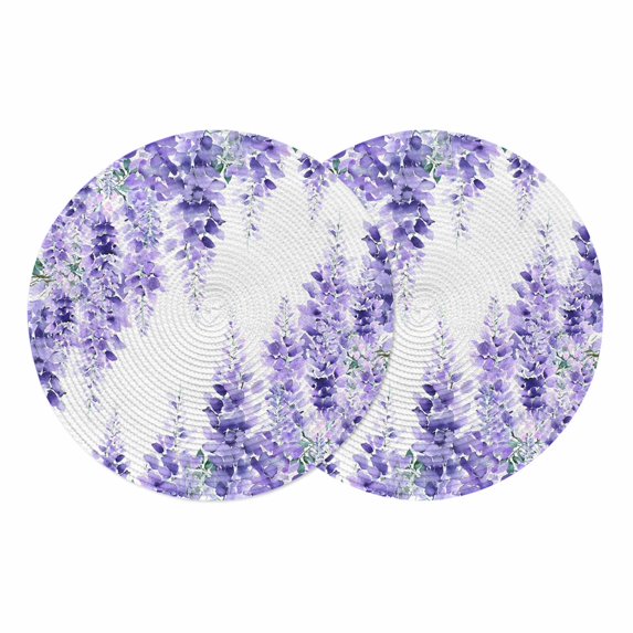 Purple Wisteria Round 13 Inch Placemats Set of 2, Sprinng Summer Pastoral Flowers Botanical HeatResistant Non Slip Place Mats for Dining Table, Wipeable Braided Kitchen Table Mats for Housewarming