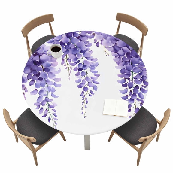 Purple Wisteria Round Fitted Tablecloth with Elastic Edge Spring Romantic Flower Floral Leaf Plant Watercolor Table Cover Fit for 45"-54" Tables Waterproof Tablecloths for Dinner Camping Picnic