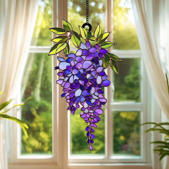Purple Wisteria Wavy Acrylic Suncatcher, Hanging Floral Window Decoration, Elegant Violet Flower Sun Catcher, Garden Rustic Home Decor Gift