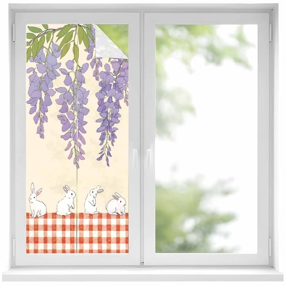 Purple Wisteria Window Privacy Film, Cute Rabbits Pastoral Farmhouse Plaid Static Cling UV Sun Blocking Heat Control Window Tint Day and Night, Non-Adhesive One Way Privacy Cover 17.7''x39.3''