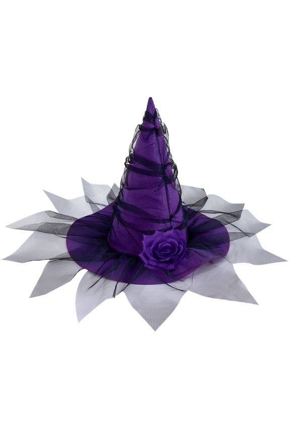 Purple Witch Hat for Halloween Costume, Adult Women’s Pointed Cone Hat with Rose Flower and Veil, Party Accessory