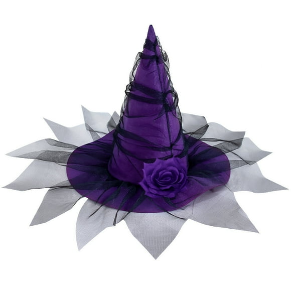 Purple Witch Hat for Halloween Costume, Adult Women’s Pointed Cone Hat with Rose Flower and Veil, Party Accessory