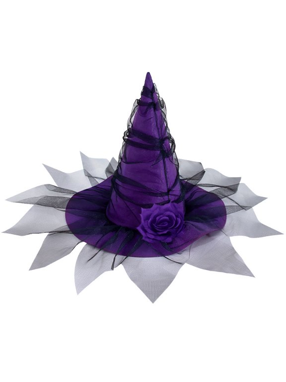 Purple Witch Hat for Halloween Costume, Adult Womens Pointed Cone Hat with Rose Flower and Veil, Party Accessory