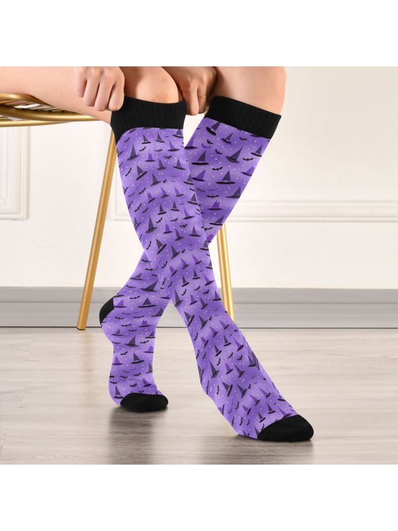 Purple Witch Hats Bats Stars Halloween Compression Stockings Knee High Socks Unisex 1 Pair