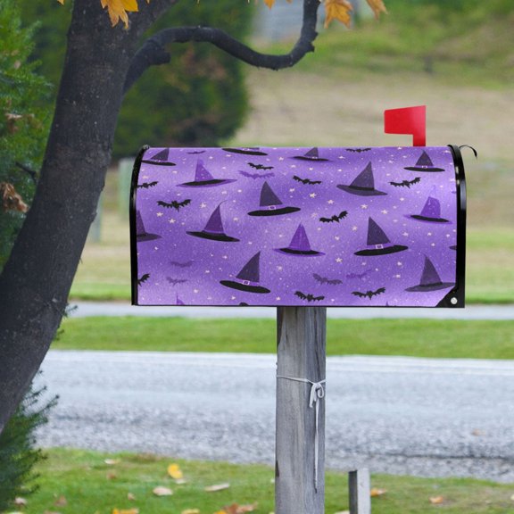 Purple Witch Hats Bats Stars Halloween Magnetic Mailbox Cover Rust Protection Yard Decor 20.7" x 18.03"