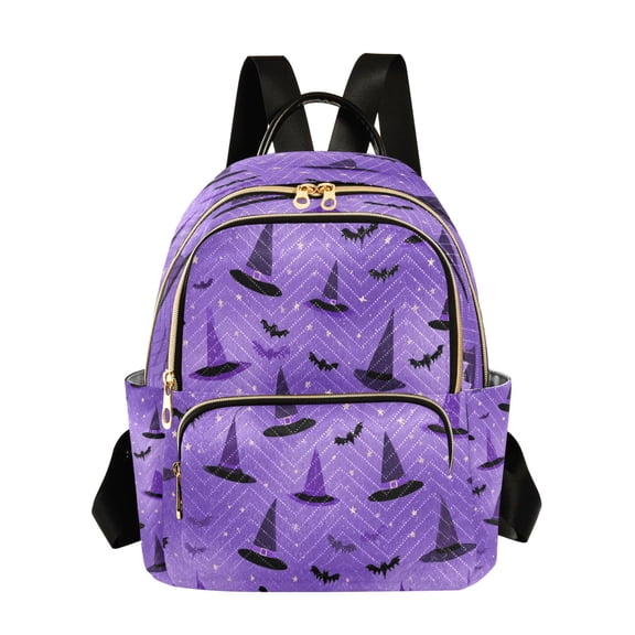 Purple Witch Hats Bats Stars Halloween Quilted Backpack Fashion Daypack Commuter Bag for Women 14 L