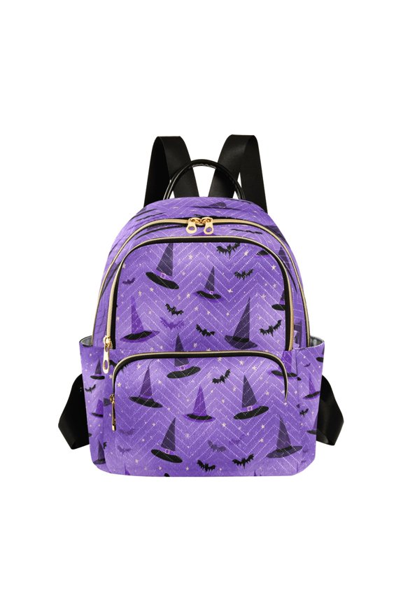 Purple Witch Hats Bats Stars Halloween Quilted Backpack Fashion Daypack Commuter Bag for Women 8.5 L
