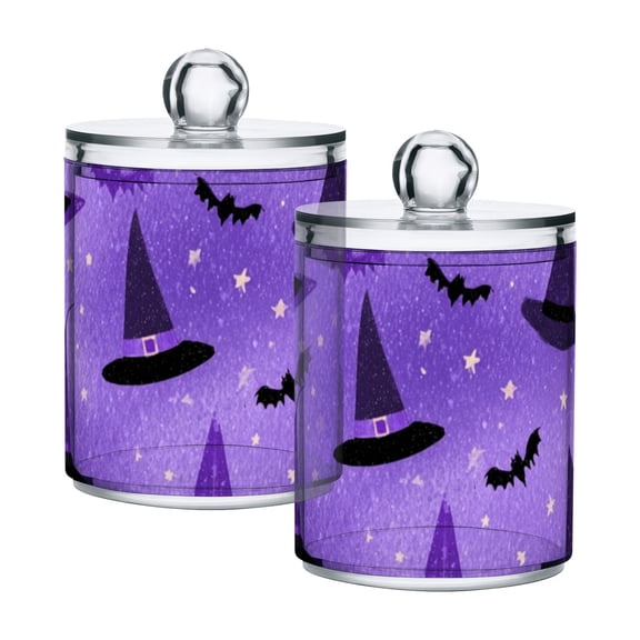 Purple Witch Hats Bats Stars Halloween Translucent Plastic Cans Storage Canisters with Lid Set of 2