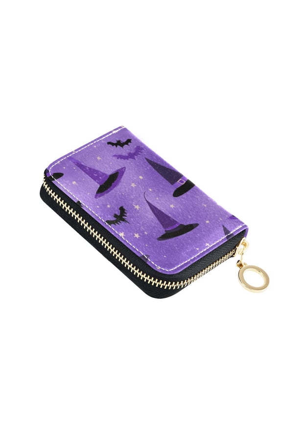 Purple Witch Hats Bats Stars Halloween Women's Credit Card Holder PU Leather Zipper Wallet RFID Blocking