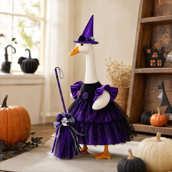 Purple Witch Porch Goose Halloween Clothes for 23" Goose - 3Pcs Purple Satin Dress with Witch Hat & Mini Broom - Halloween Goose Clothes for Outdoor Yard Lawn Garden Patio Decor - Akmoler