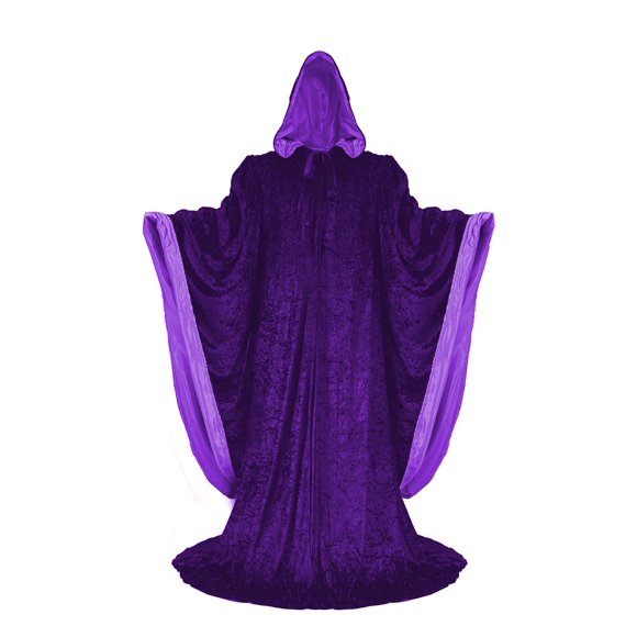 Purple Wizard Robe with Hood and Sleeves, Halloween Party Costume for Adults, Velvet Lined in PURPLE Satin Cosplay, 64" Cloak