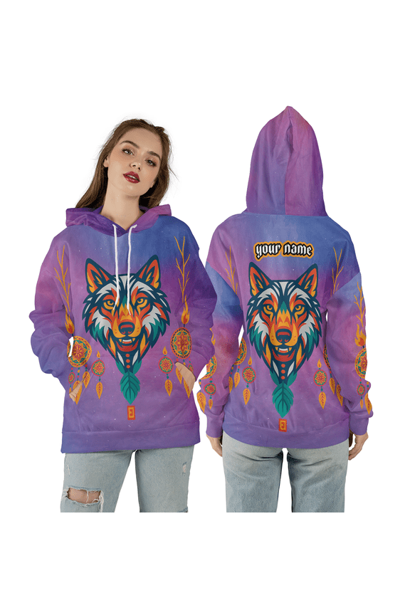 Purple Wolf 3D Hoodie, All-Over Print Wolf Pattern 3D Hooded Sweatshirt, Fantasy Animal Art 3D Hoodie
