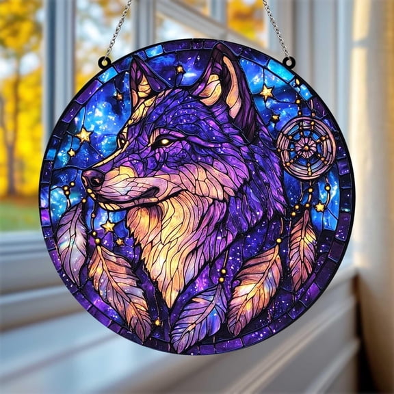 Purple Wolf Acrylic Suncatcher, Faux Stained Glass Boho Window Hanging With Feathers And Stars, Spirit Animal Gift For Her