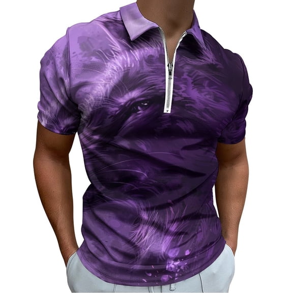 Purple Wolf Men Zipper T-shirt Summer Casual Short Sleeve T-shirt Top