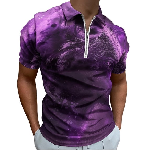 Purple Wolf Men Zipper T-shirt Summer Casual Short Sleeve T-shirt Top