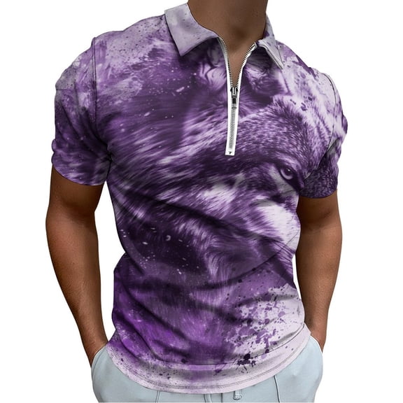 Purple Wolf Men Zipper T-shirt Summer Casual Short Sleeve T-shirt Top