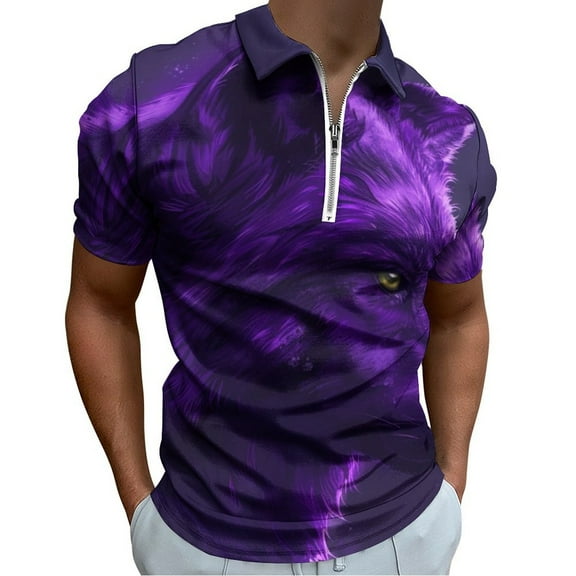 Purple Wolf Men Zipper T-shirt Summer Casual Short Sleeve T-shirt Top