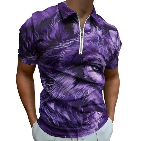 Purple Wolf Men Zipper T-shirt Summer Casual Short Sleeve T-shirt Top
