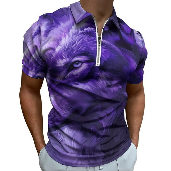 Purple Wolf Men Zipper T-shirt Summer Casual Short Sleeve T-shirt Top